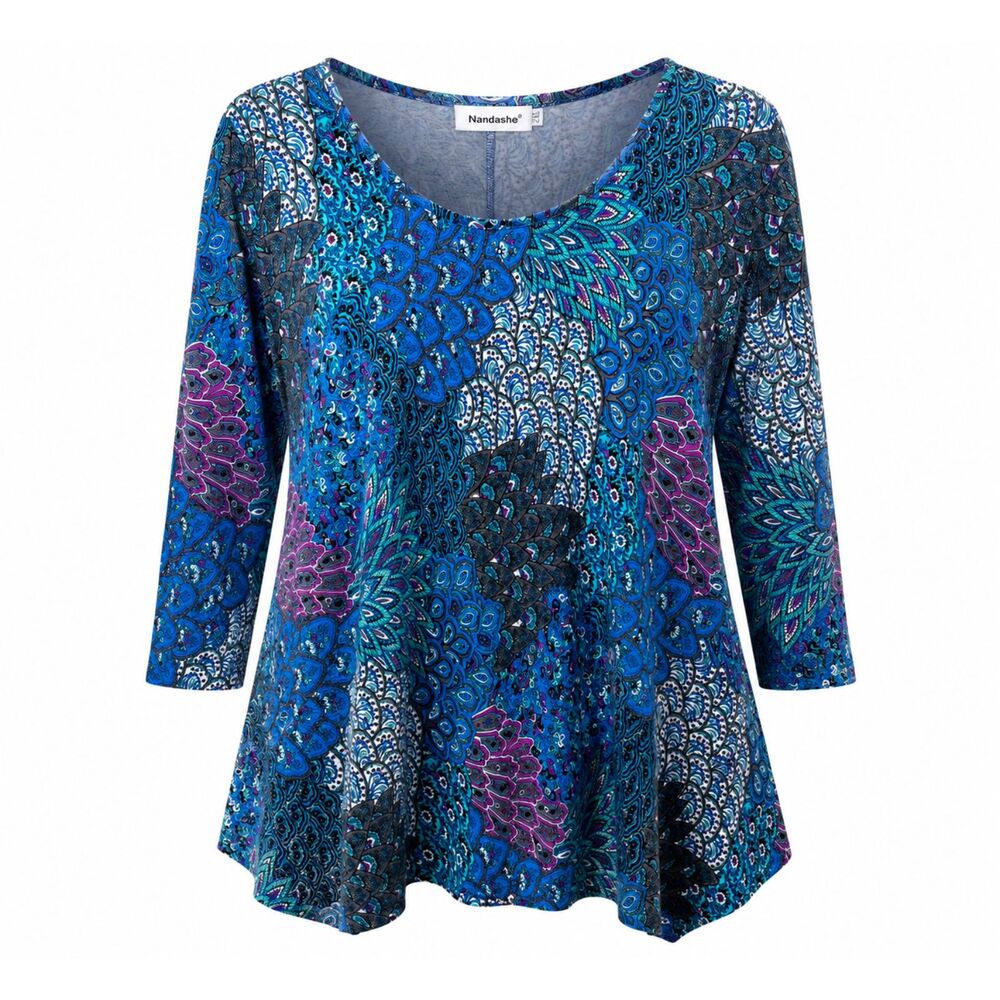 Nandashe Blue Paisley Print 3/4 Sleeve Swing Tunic Top Women's XL